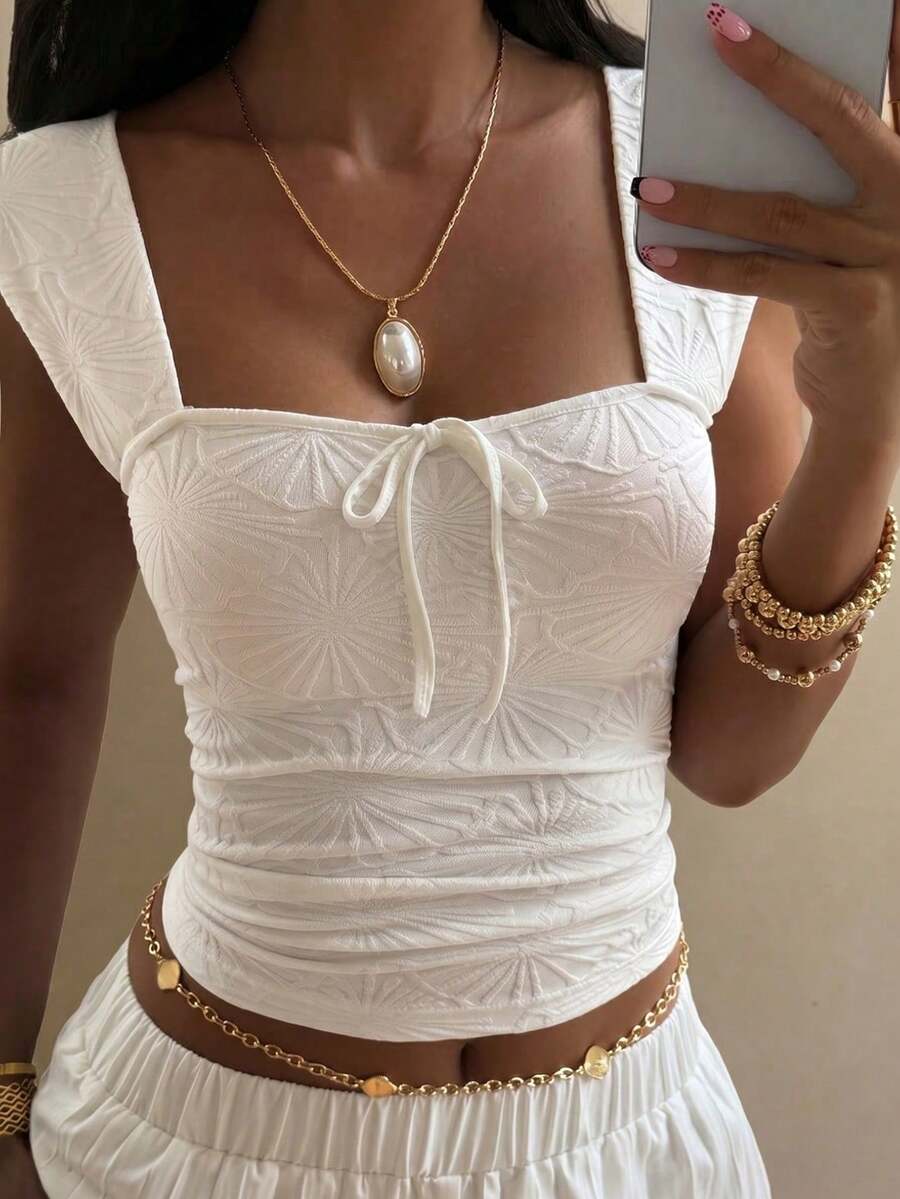 Cévolie Tank Top Polos Bertekstur Kasual Musim Panas Ukuran Plus - Putih - View 1