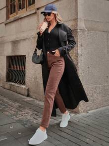 SHEIN ICON 女款休閒日常牛仔褲，附口袋與鈕扣設計 - 咖啡棕 - 查看 9