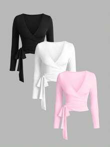DrmWander Plus Size Solid Color V-Neck Tie Wrap Long Sleeve Cropped T-Shirt Fall - Multicolor - View 1