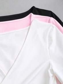DrmWander Plus Size Solid Color V-Neck Tie Wrap Long Sleeve Cropped T-Shirt Fall - Multicolor - View 3