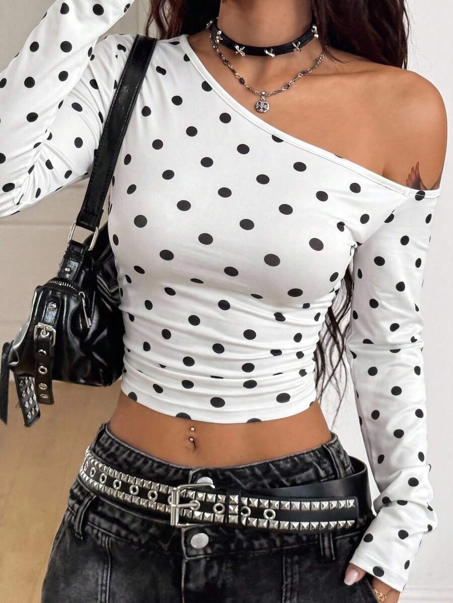 Coolane Women Fall/Winter Daily Wear Essentials Knit Stretchy Comfy Asymmetrical Neck Polka Dot Long Sleeve Tops