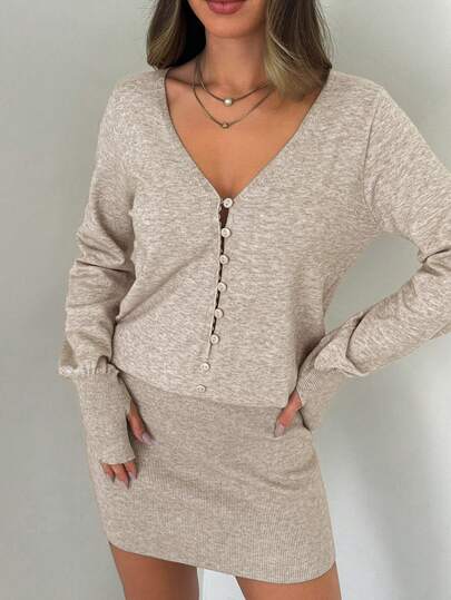 Aloruh Women's Autumn/Winter New Oatmeal Color Deep V-Neck Button-Up Bodycon Mini Knit Dress, Khaki Loose Long Sleeve Ribbed Knit Dress, Suitable For Commuting, Daily, Casual, Layering, Elegant Knit Dress