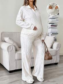 SHEIN Maternity Textured Zipper Half-Placket Long Sleeve Top And Adjustable Waist Long Pants 2 Pieces Set Fall - White - View 1