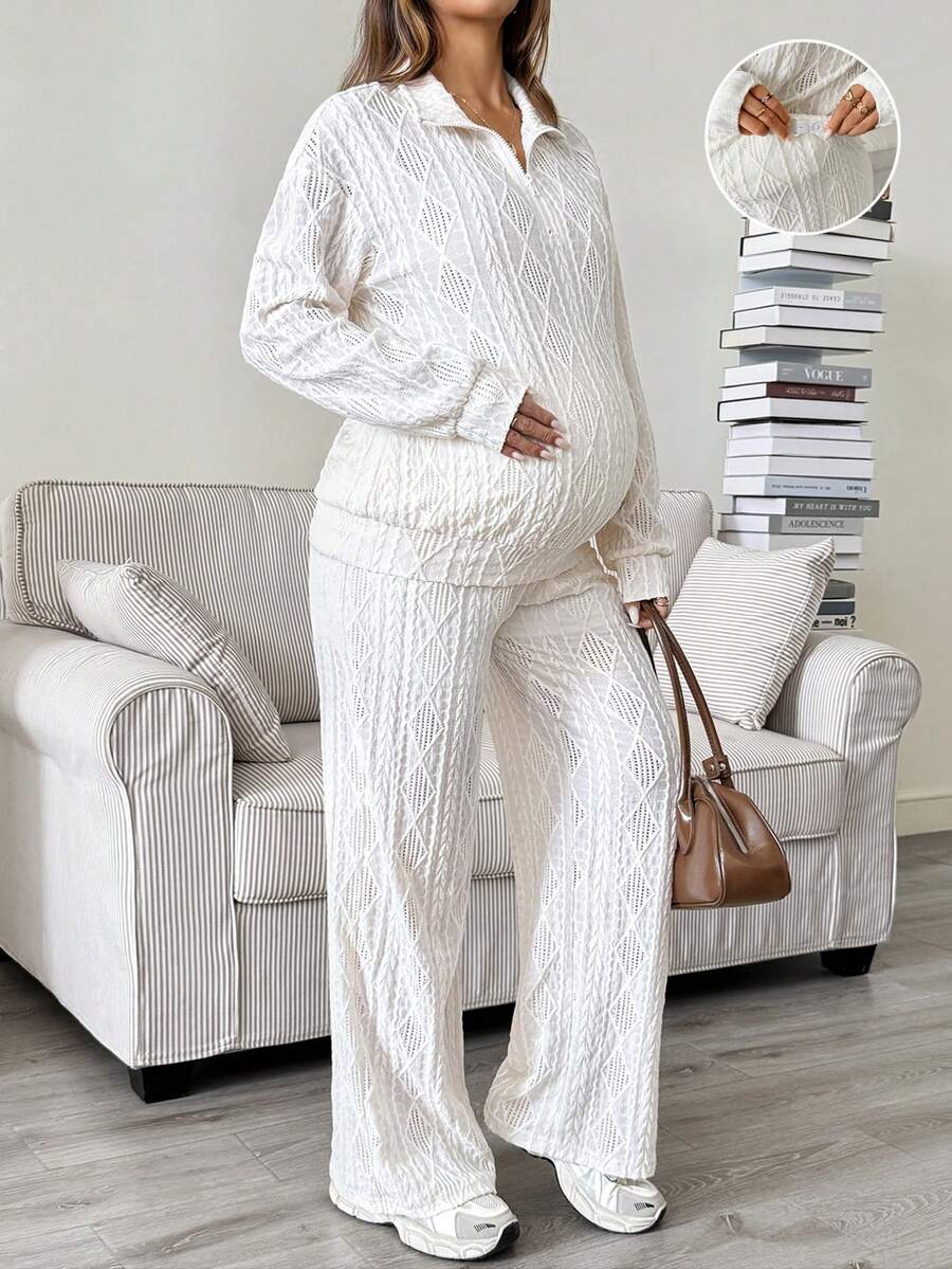 SHEIN Maternity Textured Zipper Half-Placket Long Sleeve Top And Adjustable Waist Long Pants 2 Pieces Set Fall - White - View 1