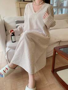 Dazy Plus Vestido de Casa Longo Solto com Decote em V Xadrez na Moda, Camisola para Primavera, Verão e Outono - Damasco - Visão 4