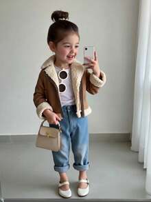 SHEIN Mommy And Me 卡其色保暖内衬拉链翻领夹克，适合户外、派对、雪地玩耍、秋冬季 - 棕色 - 查看 5