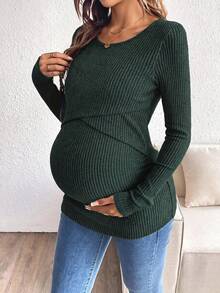 SHEIN Maternity Solid Color Round Neck Ribbed Nursing Long Sleeve T-Shirt - Army Green - View 7