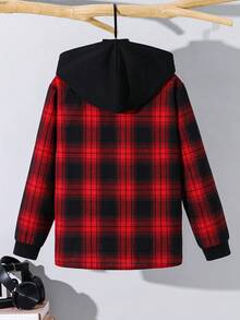 SHEIN 兒童青少年男孩休閒紅色格紋連帽襯衫，基礎上衣，聖誕襯衫，適合秋季、學校、家庭聚會，秋季穿搭，冬季穿搭 - 彩色 - 查看 4