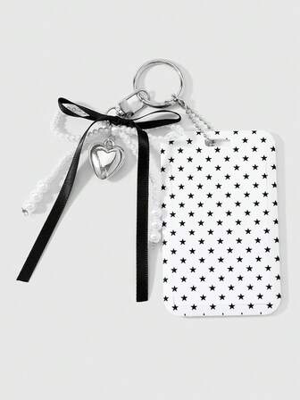Kawaii 1 Llavero colgante para bolso DIY con tarjeta, estilo clásico de moda de alta gama, multicolor, con lazo de perlas sintéticas, impresión CCB Love Star, regalo festivo