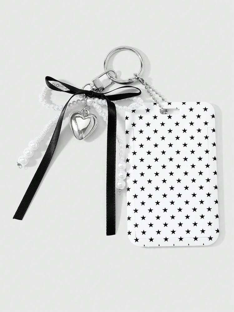 ROMWE Kawaii 1 Classic Fashion High-End Multi-Color Faux Pearl Bow CCB Love Star Printing Card Cover DIY Keychain Bag Pendant, Holiday Gift - Multicolor-229 - View 1