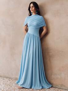 Anewsta Petite Women's Petite New Spring/Summer Elegant Vintage Ruched Fitted Draped Bodycon Waist-Cinching Long Dress For Party, Gathering, Banquet, Vacation - Blue - View 8