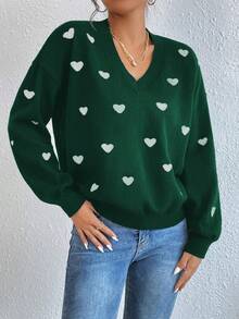Cloudara Heart Pattern Drop Shoulder Sweater - Green - View 4