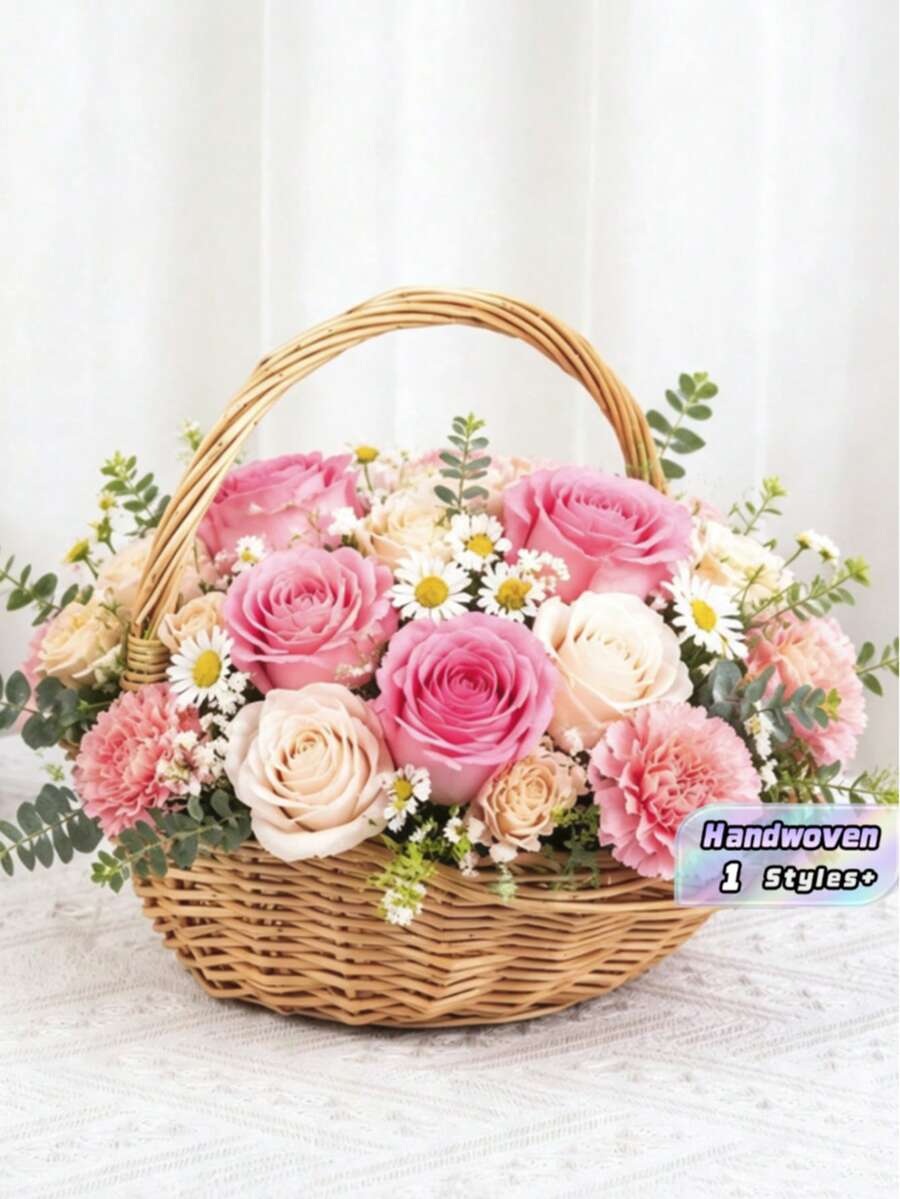 1個手工編織柳條收納籃,現代多功能室內/室外花卉農產品與居家裝飾籃,附自然邊緣與裝飾中心飾 - 中號 - 查看 1