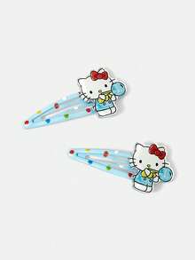 HELLO KITTY AND FRIENDS | SHEIN 2件組可愛藍綠色小貓波點印花BB夾水滴髮夾 - 彩色 - 查看 8