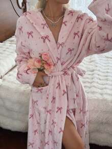 CottageSlumber Women's Autumn/Winter Ins Style Cute Bow Print Plush Pink Long Sleeve Loungewear Robe - Baby Pink - View 5