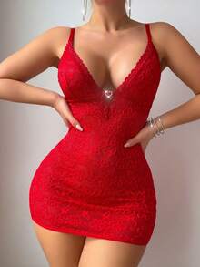 Seduluxe Conjunto de 2 Peças Vestido Bodycon com Decoração de Laço, Fivela de Coração e Taça Triangular de Renda Sexy - Vermelho - Visão 4