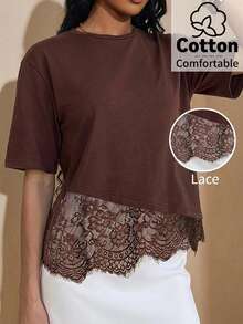 SHEIN Clasi Plus Size Women's Round Neck Lace Patchwork Casual Versatile Daily Wear T-Shirt - Brown - View 11
