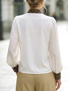 Balvessa Elegant Spring Contrast Color Leopard Print Trim Shirt, Lapel V-Neck Lantern Sleeve Gold Button Casual Office Top - White - View 2