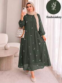 Solavon Plus Size Embroidered Fashion Vacation Dress, Pastoral Style, Versatile Green - Army Green - View 5