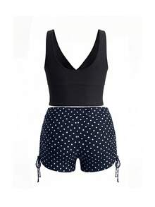 Swim Lushoire Plus Size Ruched Tank Top And Polka Dot Print Tie-Front Shorts Swimwear Set For Vacation - Multicolor - View 3