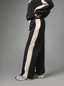 MISSGUIDED Wide Leg Color Block Track Pants With Side Stripe Detail Elasticated Drawstring Waist Full Length Casual Trousers - Black and White - View 3