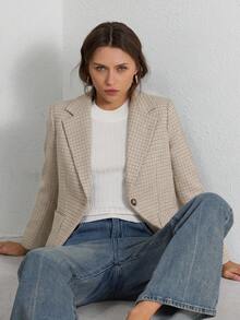 Aveloria Modichic 千鳥格翻領雙口袋西裝外套 無腰帶 工作服 - 杏色 - 查看 4