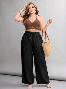 SHEIN PETITE CURVE 大尺碼全鬆緊腰休閒長褲 - 黑色 - 查看 4