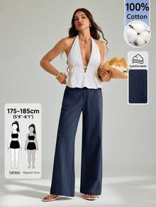 SHEIN Tall 100%水洗棉低腰直筒長褲，適合高個女性 - 藏蓝色 - 查看 6