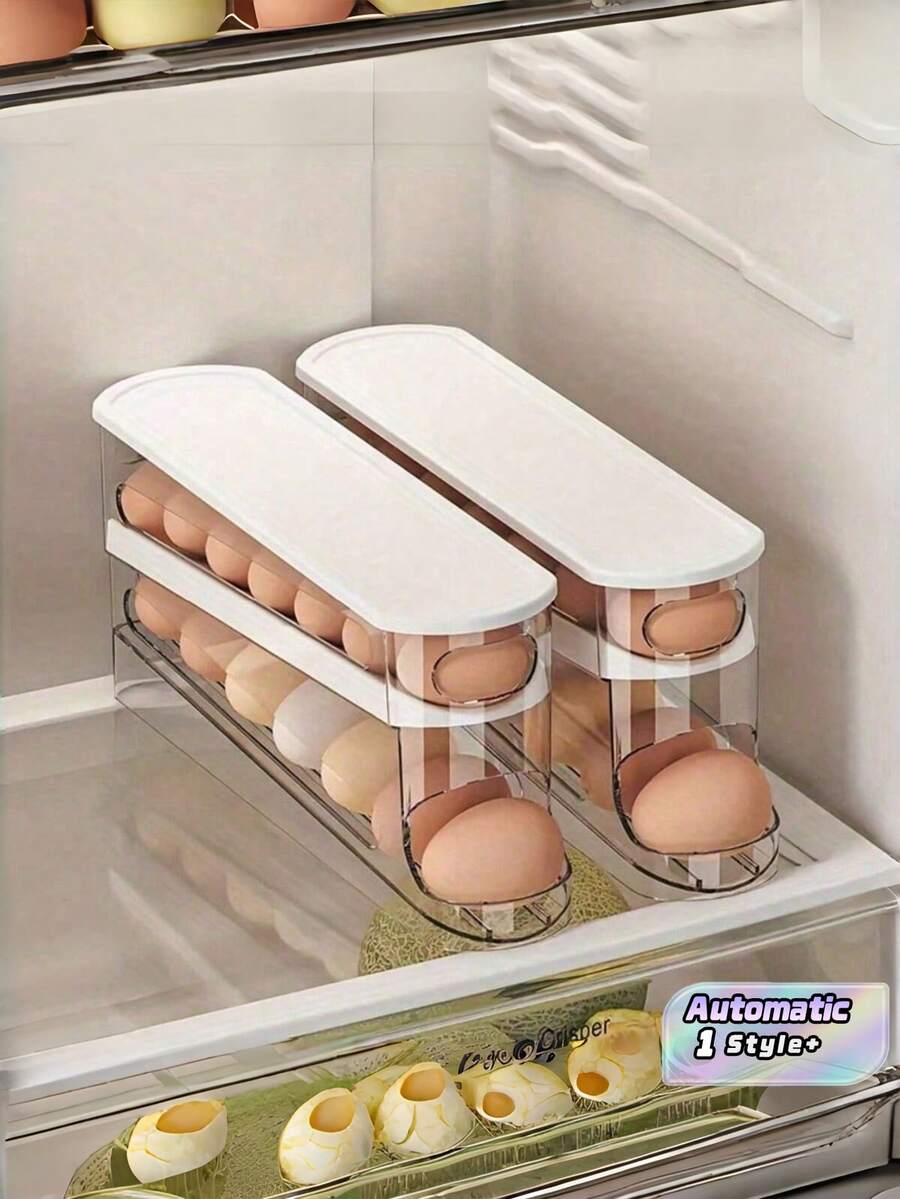 1pc Automatic Double Layer Egg Rack Holds 12 To 14 Eggs Hinge Sliding Design Keep Eggs Fresh Non Food Contact Plastic Material Fridge And Kitchen Storage Organizer - Multicolor - View 1