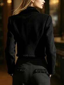 Balvessa Women's Black Patchwork Frayed Hem Short Jacket - Black - View 2