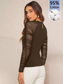 Amorya Women's Fashion Versatile Pleated Mesh Patchwork Top For Commute - Coffee Brown - View 2