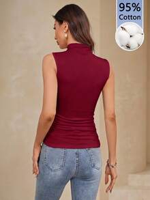 Amorya Women's Solid Color Pleated Slim Fit Versatile Daily Wear Top - Burgundy - View 2