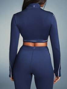 11SKNDS Cropped Full Zip Stand Collar Long Sleeve Sport Jacket With White Contrast Piping Detail And Thumbhole Cuffs With Sweat-Wicking & Breathable, For Gym Workout Fitness, Running, Training & Hy-Rox - Blue - View 4