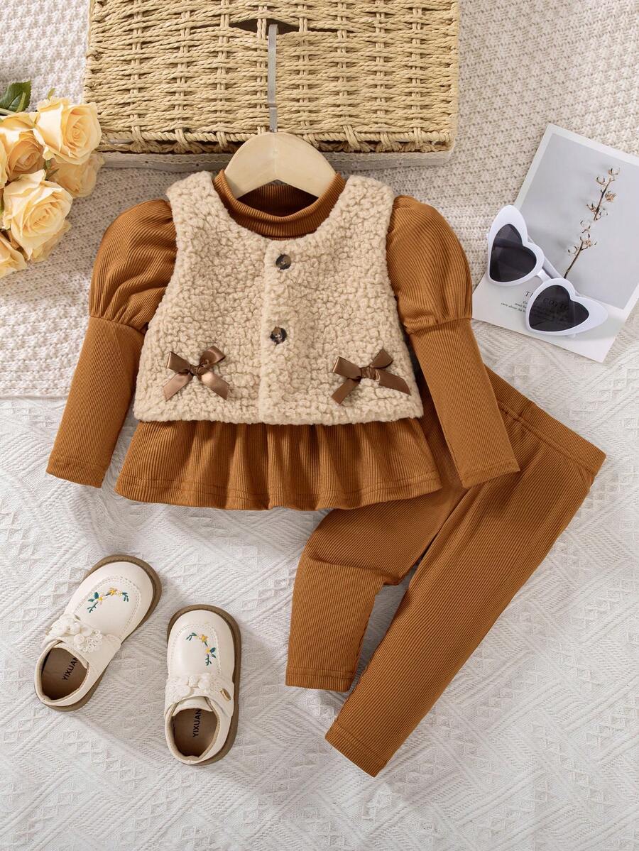 SHEIN Vintaside Kids 女嬰簡約時尚紅色純色洋裝、背心外套與長褲組合套裝 - 棕色 - 查看 1