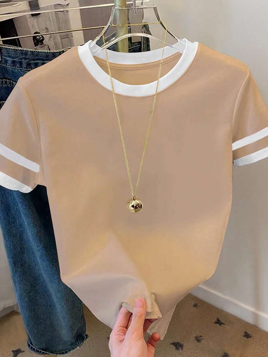 SHEIN Camiseta de manga corta con cuello redondo y bloques de color para mujer de talla grande - Caqui - Ver 1