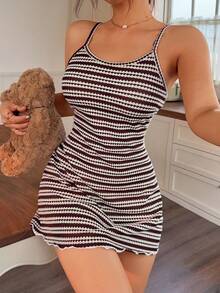 Napfluff Gaun Rumahan Model A-Line dengan Motif Garis-Garis Blok Warna dan Hem Bergelombang, Gaun Tidur Wanita yang Nyaman Dipakai - Coffee Brown - View 6