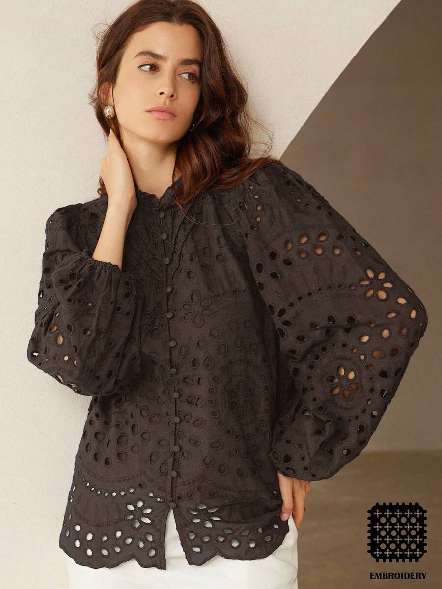 Frievida 秋季新款法式風情高級休閒重工刺繡鏤空百褶泡泡長袖襯衫 - 巧克力棕 - 查看 1
