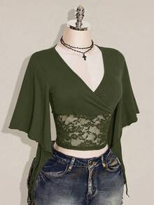 SHEIN ICON 女款法式蕾絲修身百褶甜美T恤 - 軍綠色 - 查看 4
