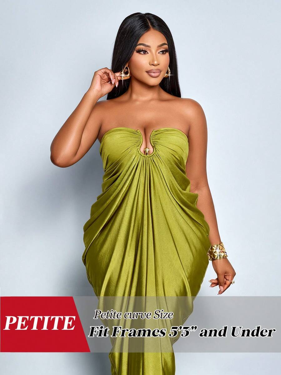 SHEIN PETITE CURVE 女士时尚通勤日常金属装饰褶皱收腰修身长裙 - 綠色 - 查看 1