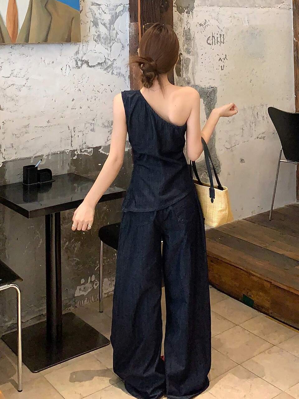 Women's Summer Casual One-Shoulder Top And Denim Pants Set Cute Tops