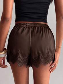 Aloruh Short mini élégant pour femmes avec patchwork en dentelle jaune pâle - Tabac - Voir 2