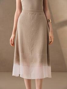 Anewsta Twisted Texture Knit Skirt With Gradient Sheer Mesh, High Waist Bodycon - Beige - View 2