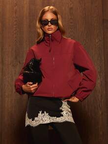 AiiRZ Oversized Funnel Neck Full Zip Windbreaker Jacket With Elastic Cuffs Lightweight Fall Outerwear - Purple - View 1