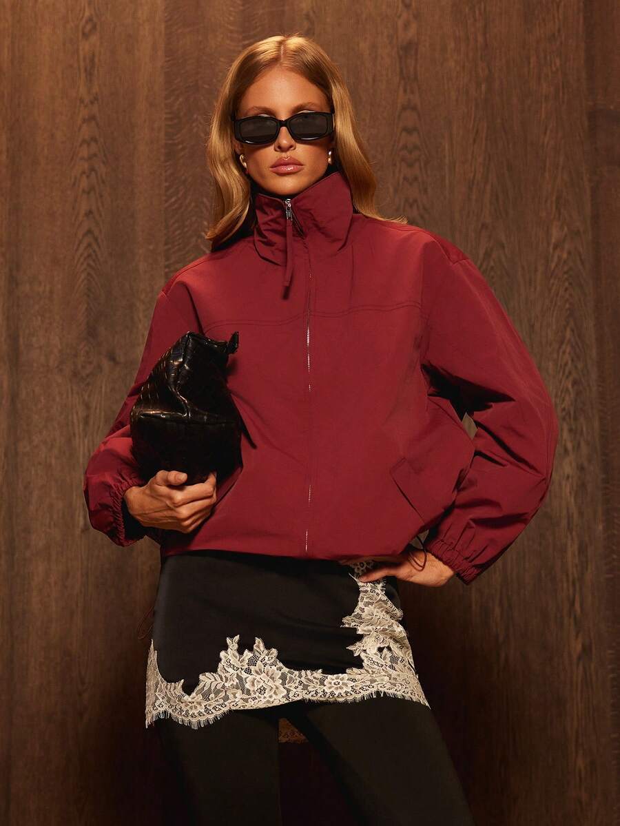 AiiRZ Oversized Funnel Neck Full Zip Windbreaker Jacket With Elastic Cuffs Lightweight Fall Outerwear - Purple - View 1