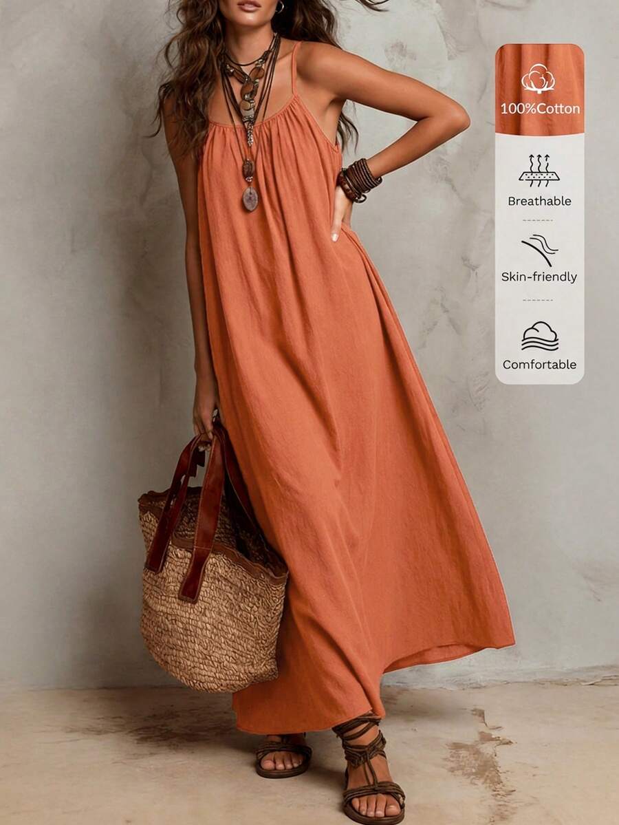Solivie Women's Solid Color Pleated Casual Tropical Daily Summer Long Spaghetti Strap Dress Vacation Burnt Orange - Rust Brown - View 1