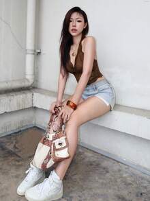 ROMWE Fairycore Kamisol Wanita Seksi Modis Model Halter Berkerah V dengan Hiasan Renda untuk Hari Valentine, Tema Pedesaan Musim Semi/Panas - Coklat - View 3
