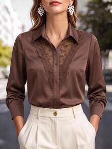 Reflora Plus Size Women's Lace Patchwork Casual Versatile Daily Wear Blouse Fall - Brown - View 1