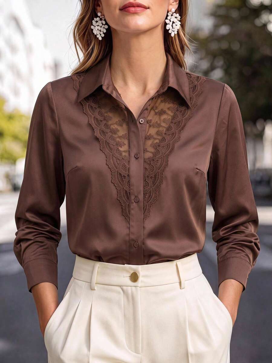 Reflora Plus Size Women's Lace Patchwork Casual Versatile Daily Wear Blouse Fall - Brown - View 1