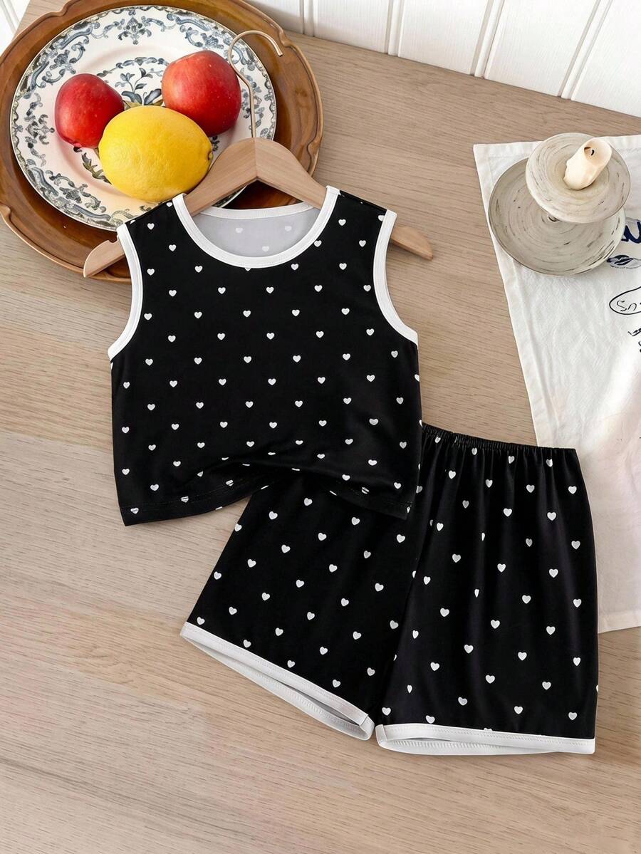 SHEIN Vintaside Kids 2件組少女條紋針織提花寬鬆背心與短褲套裝,適合日常休閒、度假、運動、旅行、夏季 - 黑色 - 查看 1