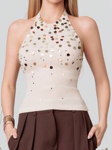 PRISCILA ESCOTO PRISCILA ESCOTO Tie Backless Sequin Knit Top, Sequin Embroidery Halter Top ,All Season, Y2K Top, Autumn Women's Clothing Winter Chic Spring Casual - Apricot - View 3